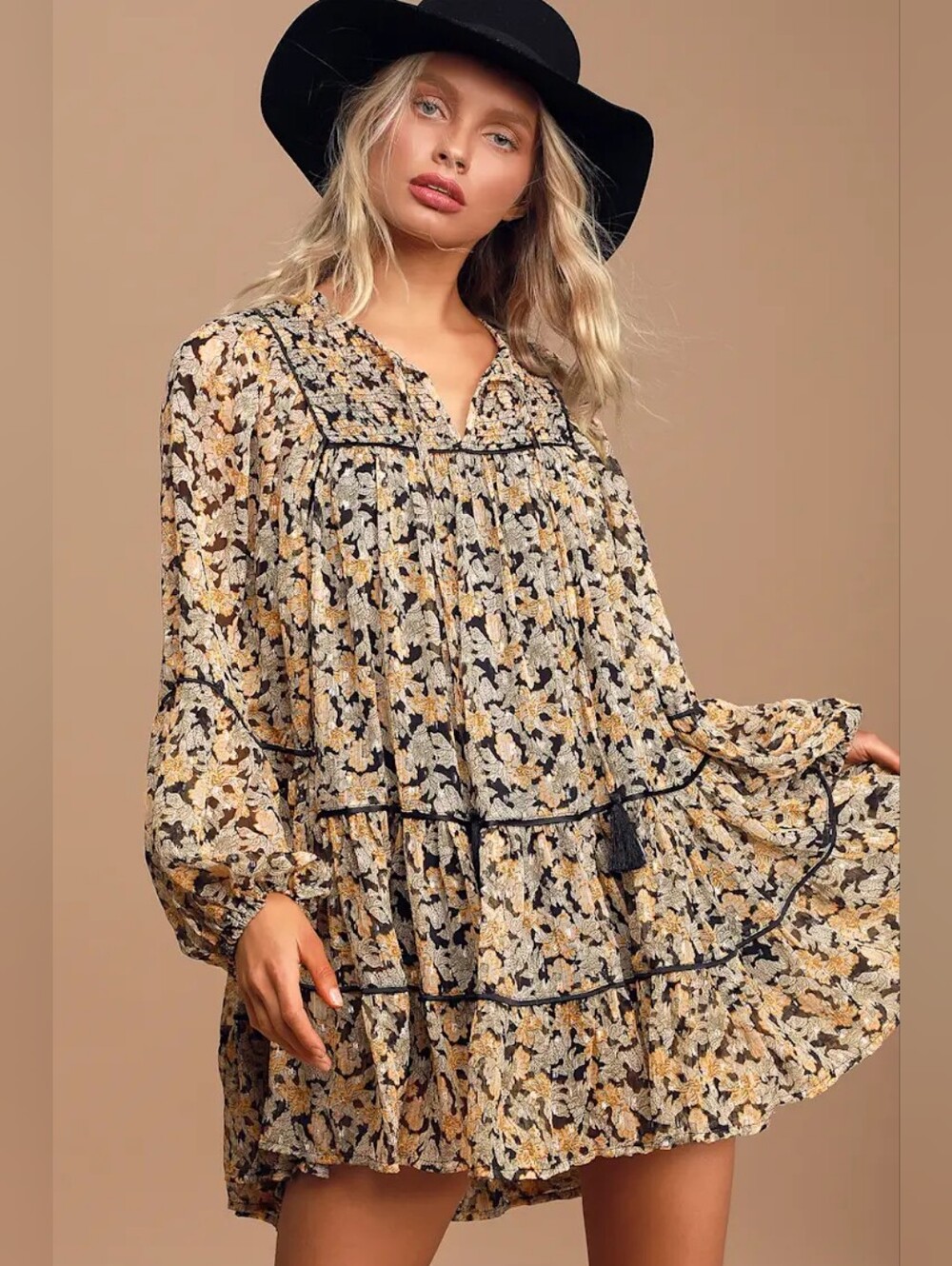 Free People Swinging Black Floral Print Ruffled Mini Dress